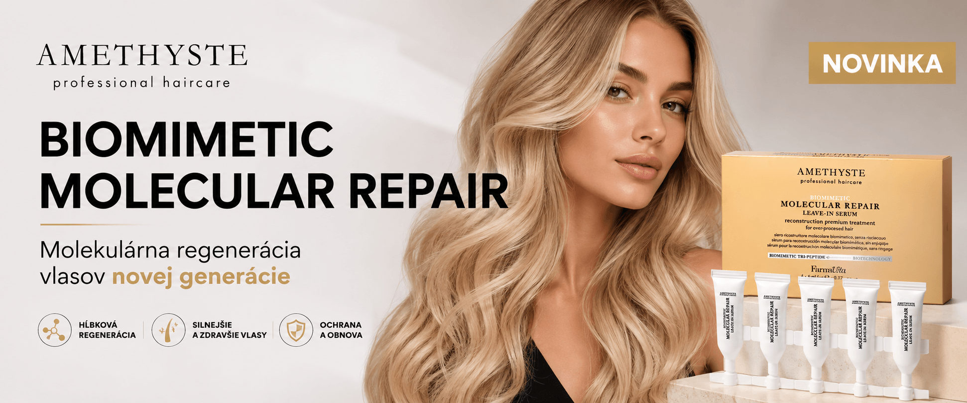 modelka blond vlasy biomimetic molecular repair