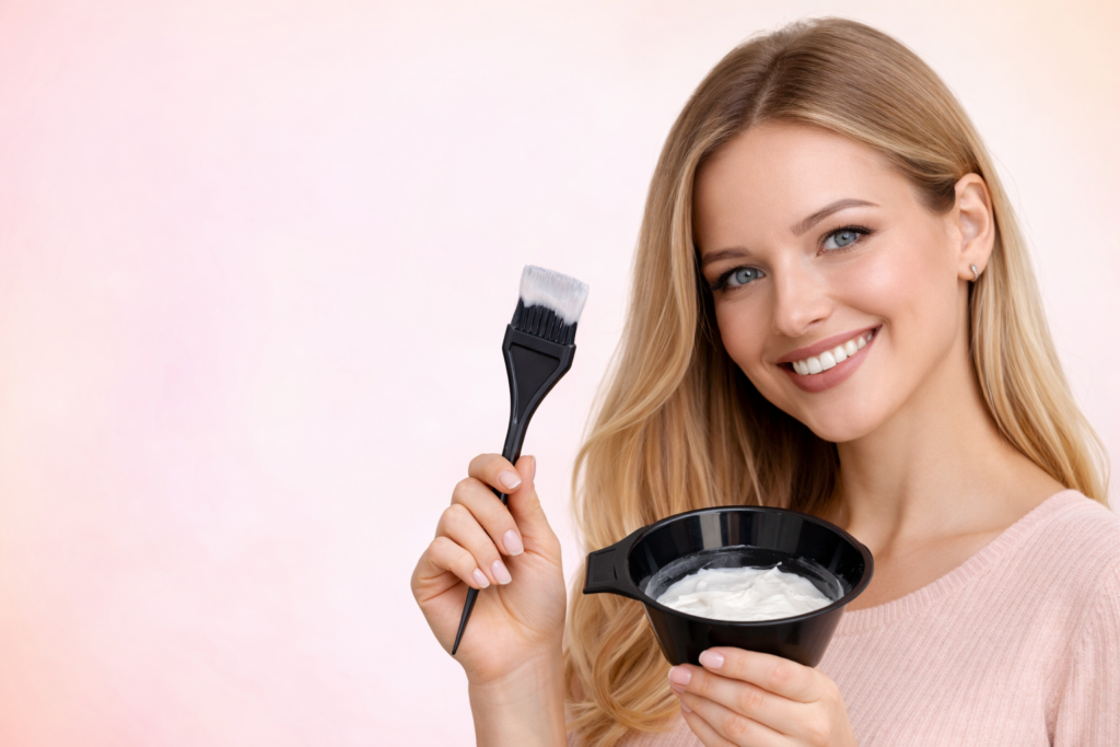 žena s kefou a miskou na farbenie vlasov – ako často si farbiť vlasy